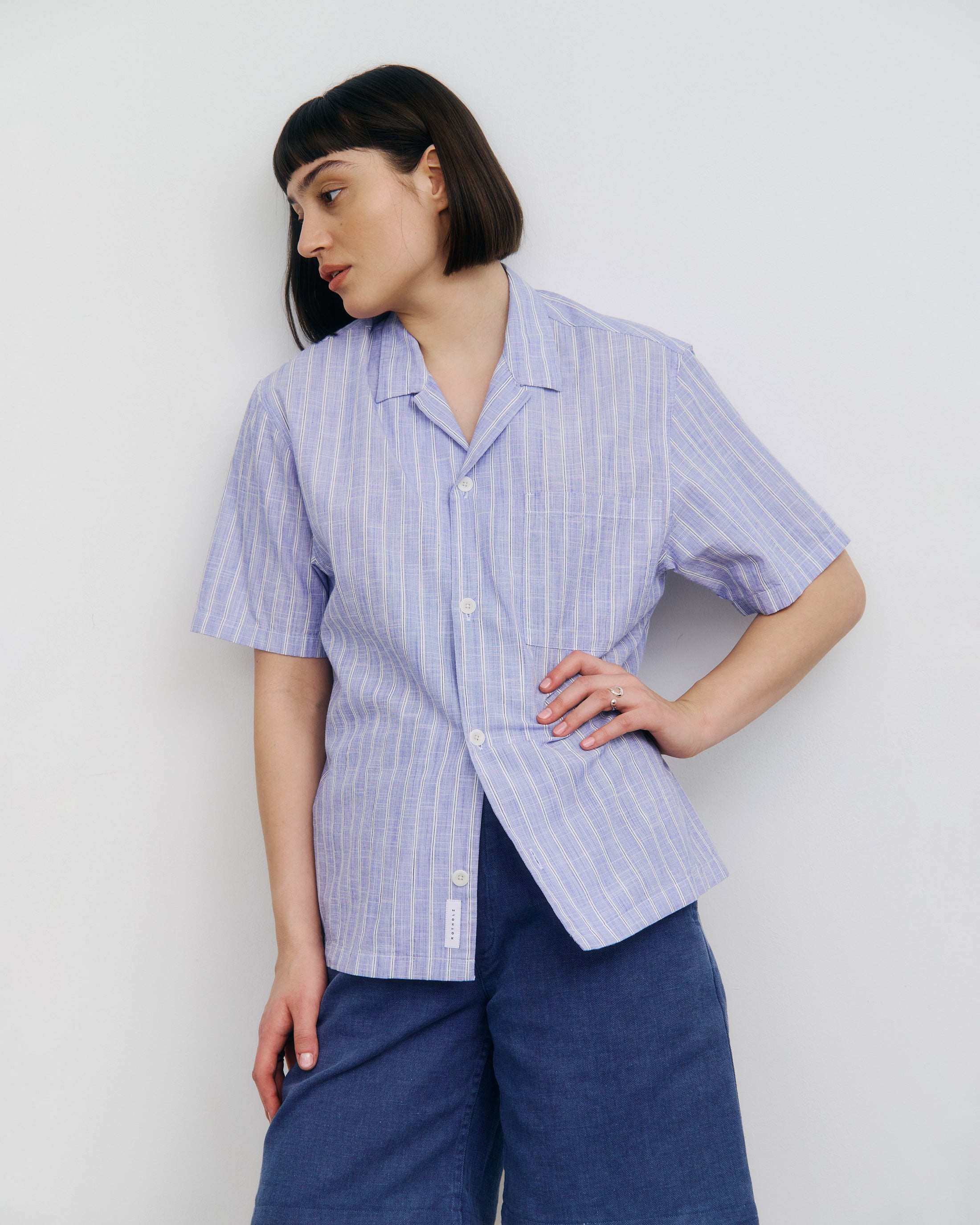 Gestreiftes Bowling Shirt Bio Baumwolle - Blau