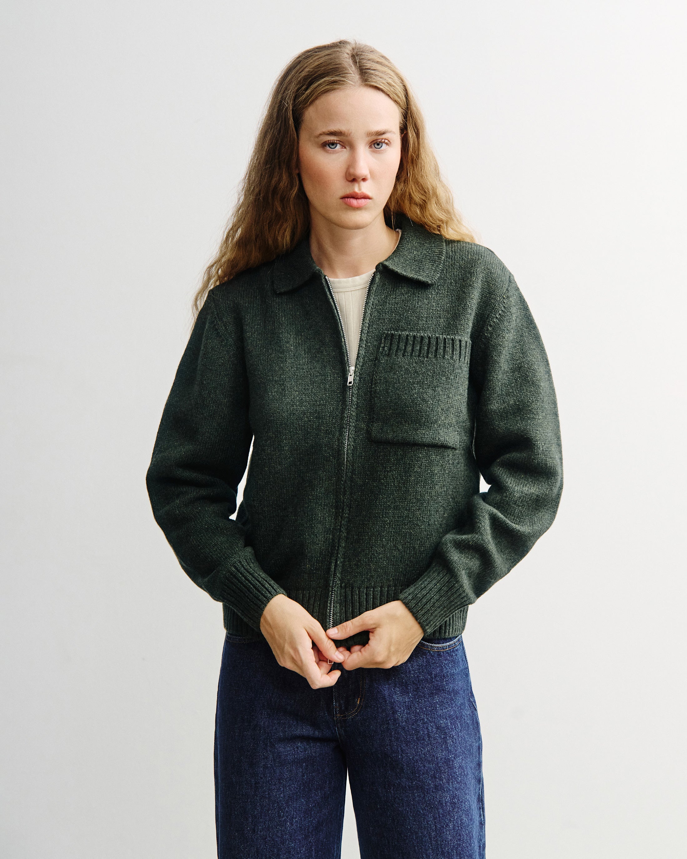 Polo Strickjacke Recycelte Wolle - Grün Meliert