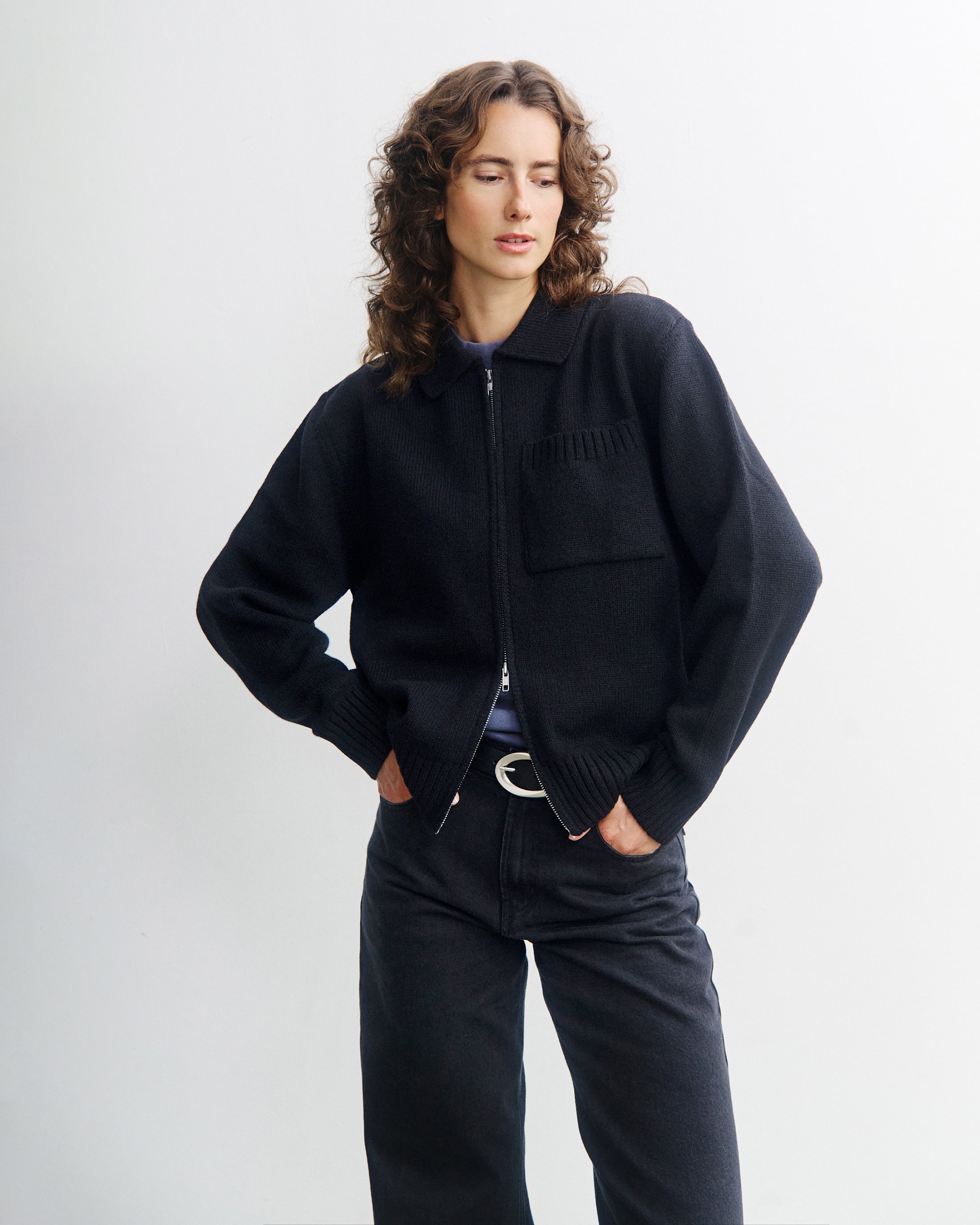 Polo Strickjacke Recycelte Wolle - Schwarz