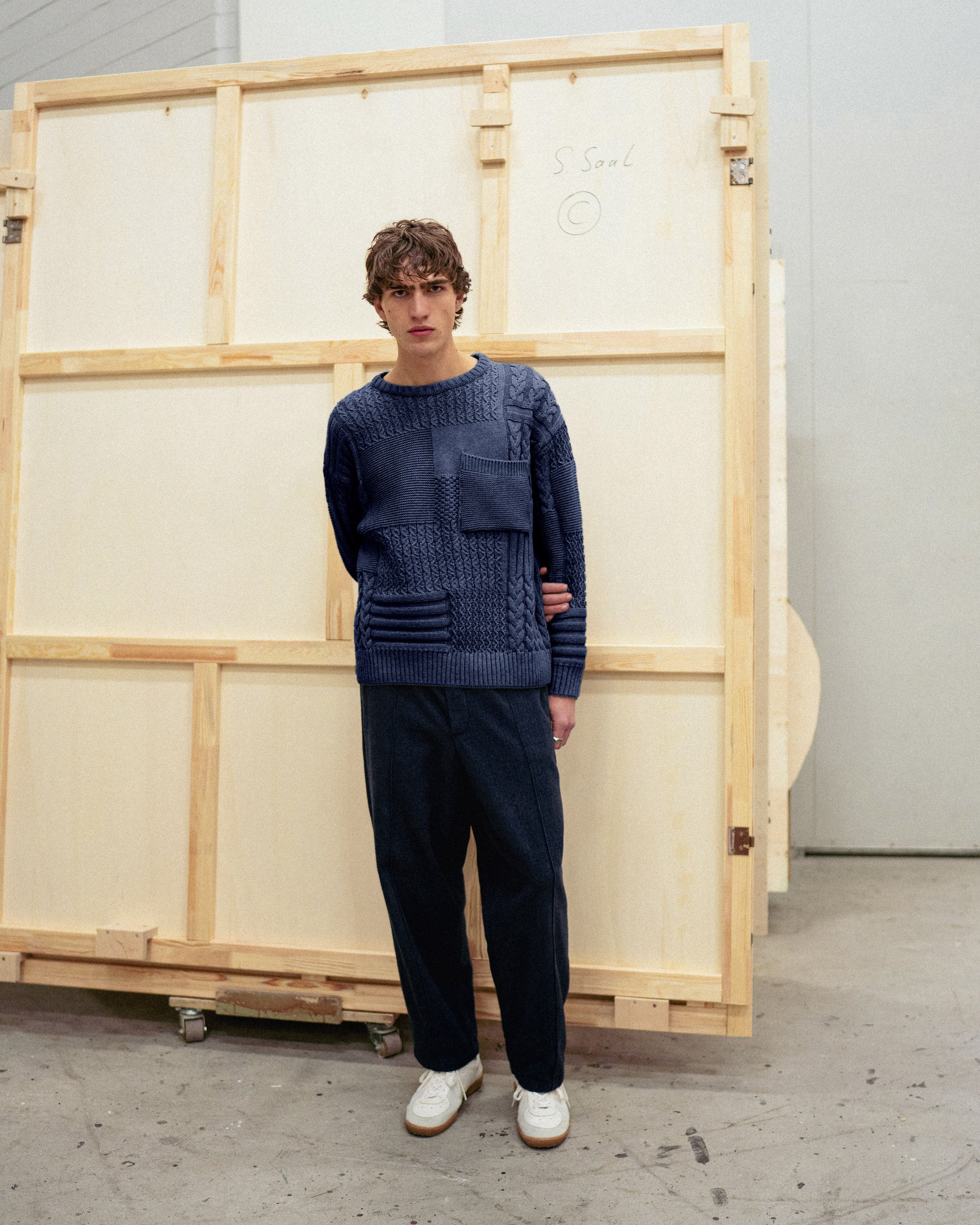 Patchwork Strick Sweatshirt Bio Baumwolle - Dunkelblau