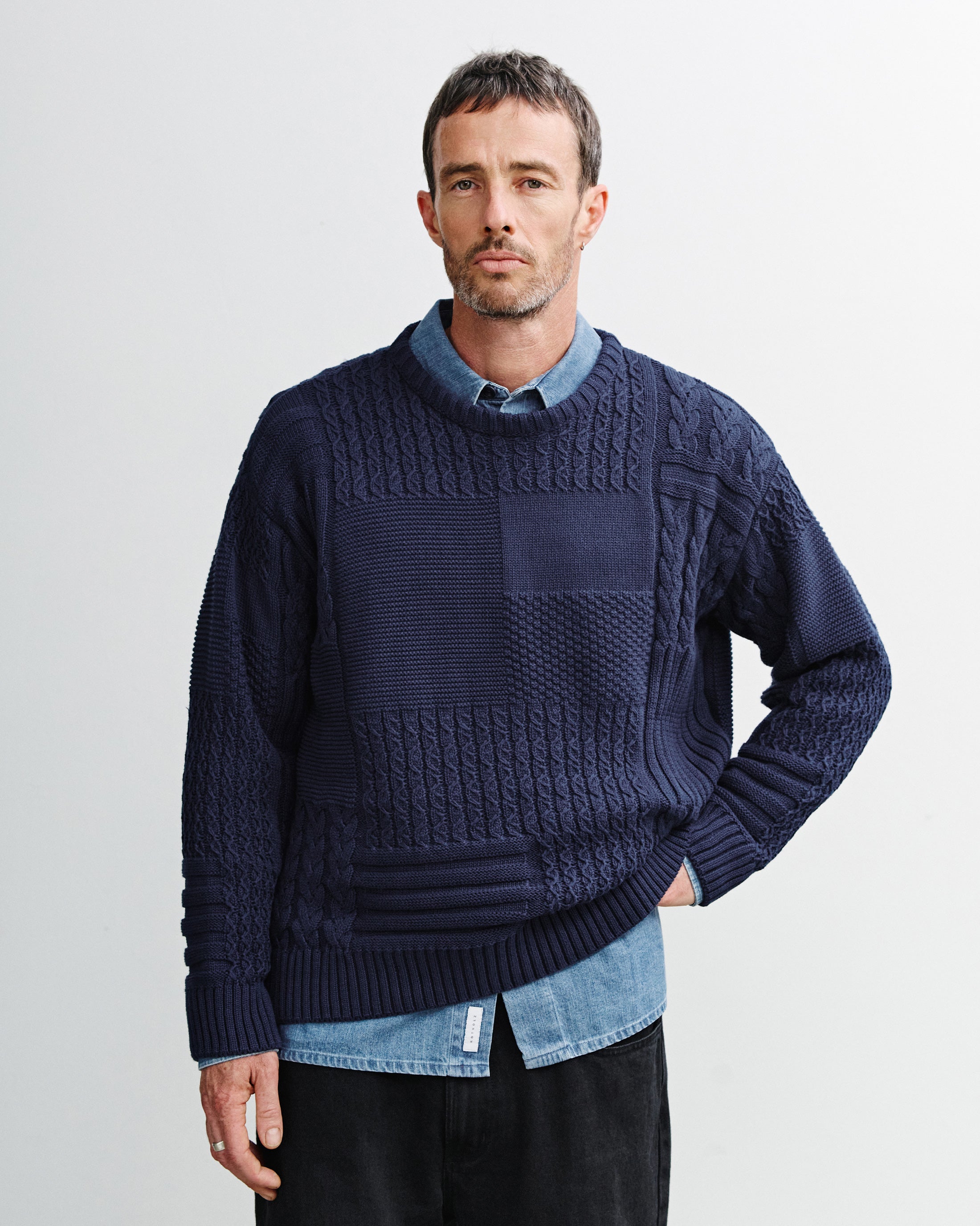 Patchwork Strick Sweatshirt Bio Baumwolle - Dunkelblau