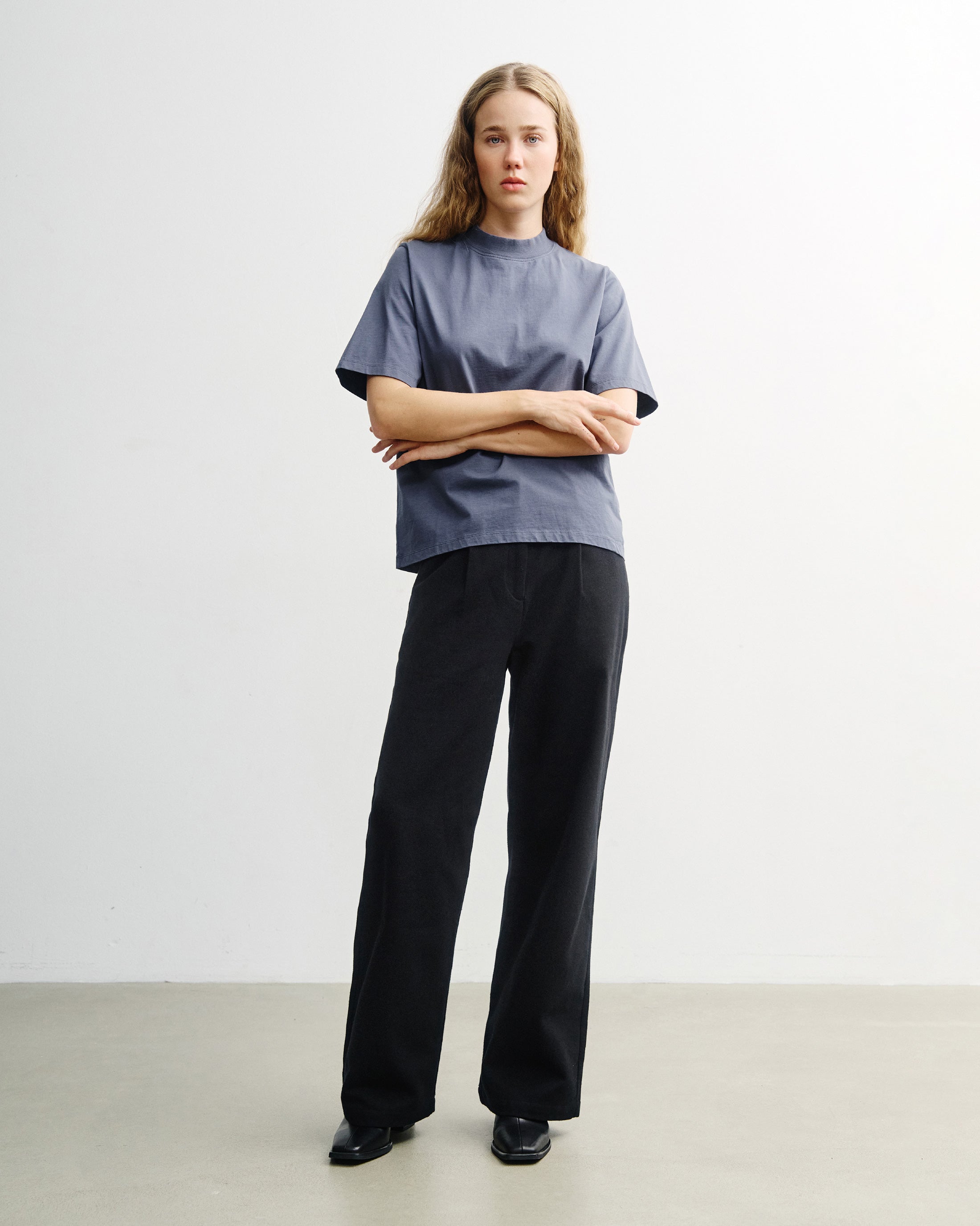 T-Shirt mit Breitem Kragen - Blau