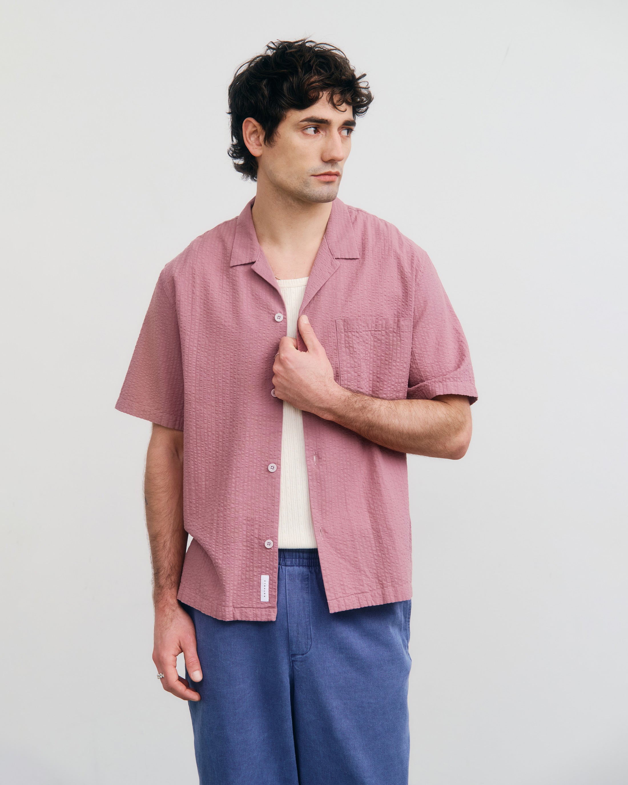 Seersucker Bowling Shirt Bio Baumwolle - Pink