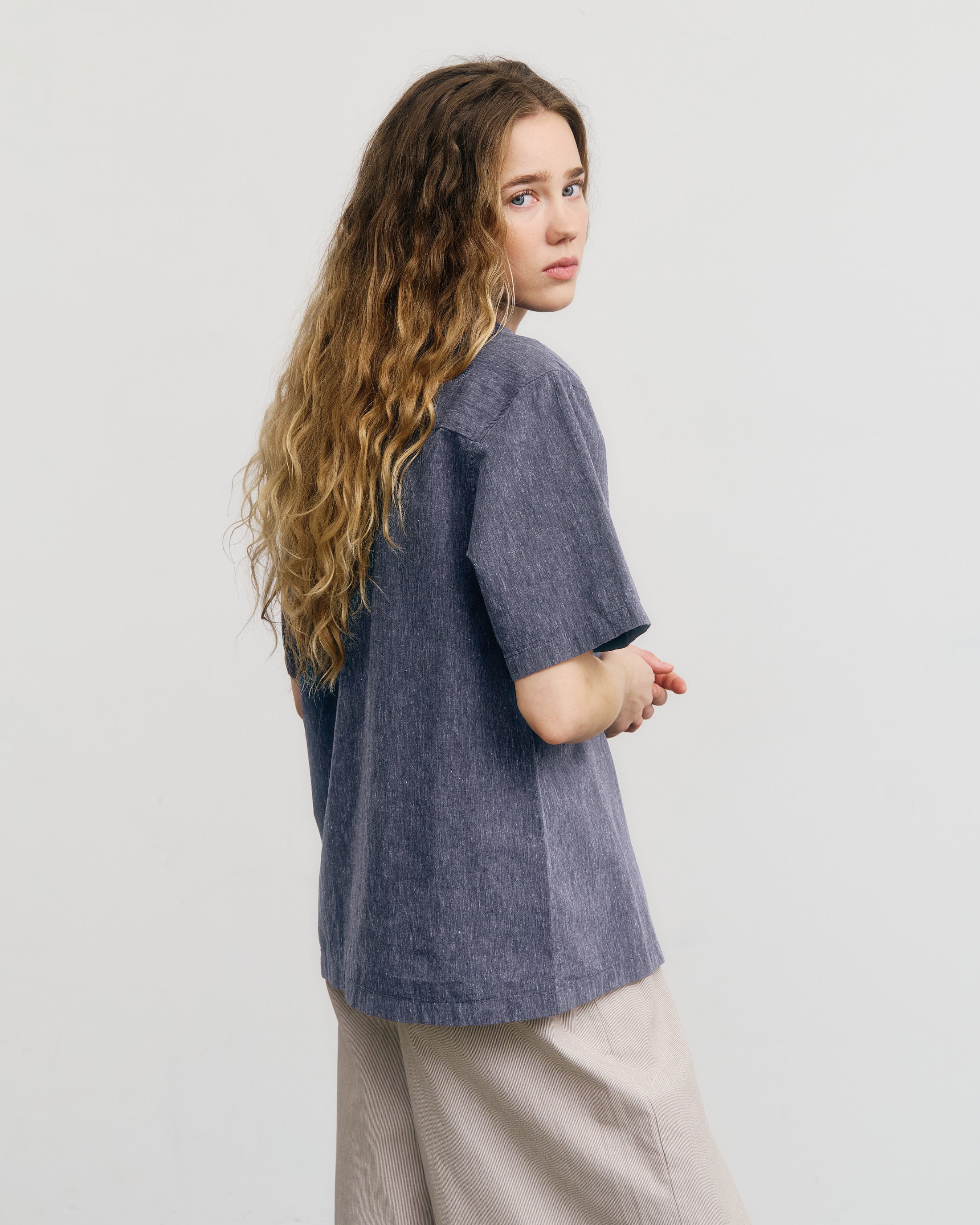 Meliertes Bowling Shirt Bio Baumwolle - Blau