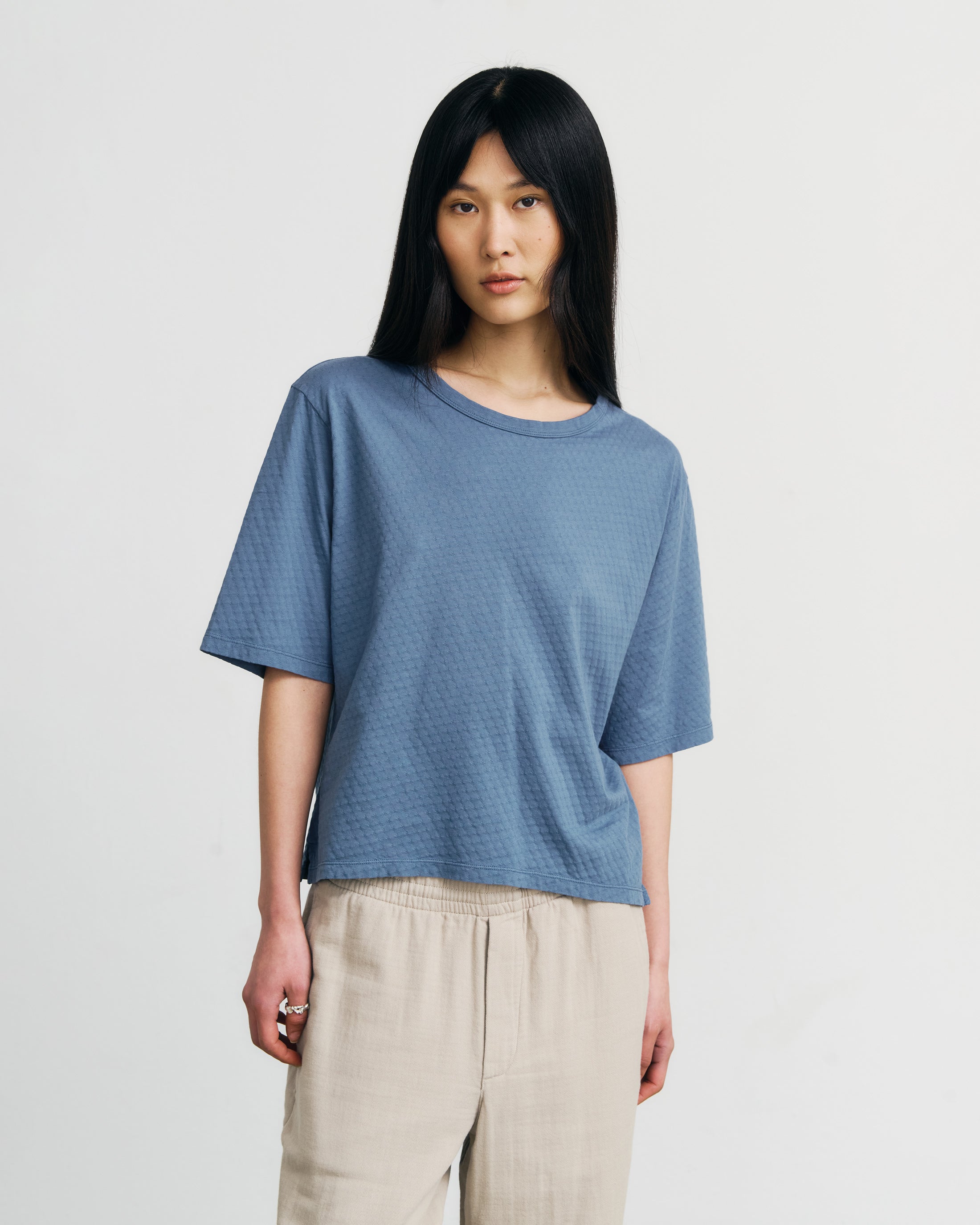 Kurzes Strukturiertes T-Shirt Bio Baumwolle - Blau