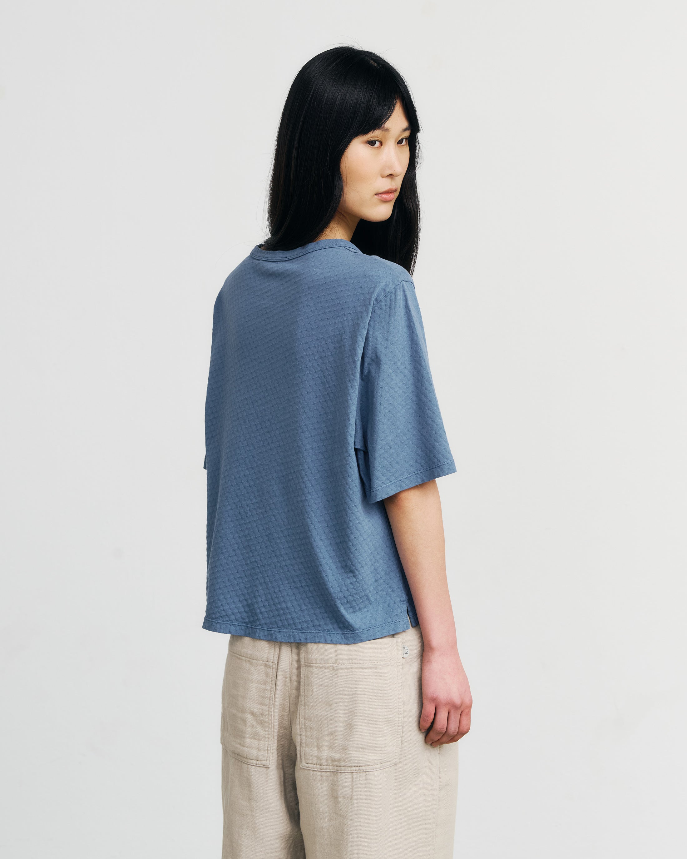 Kurzes Strukturiertes T-Shirt Bio Baumwolle - Blau