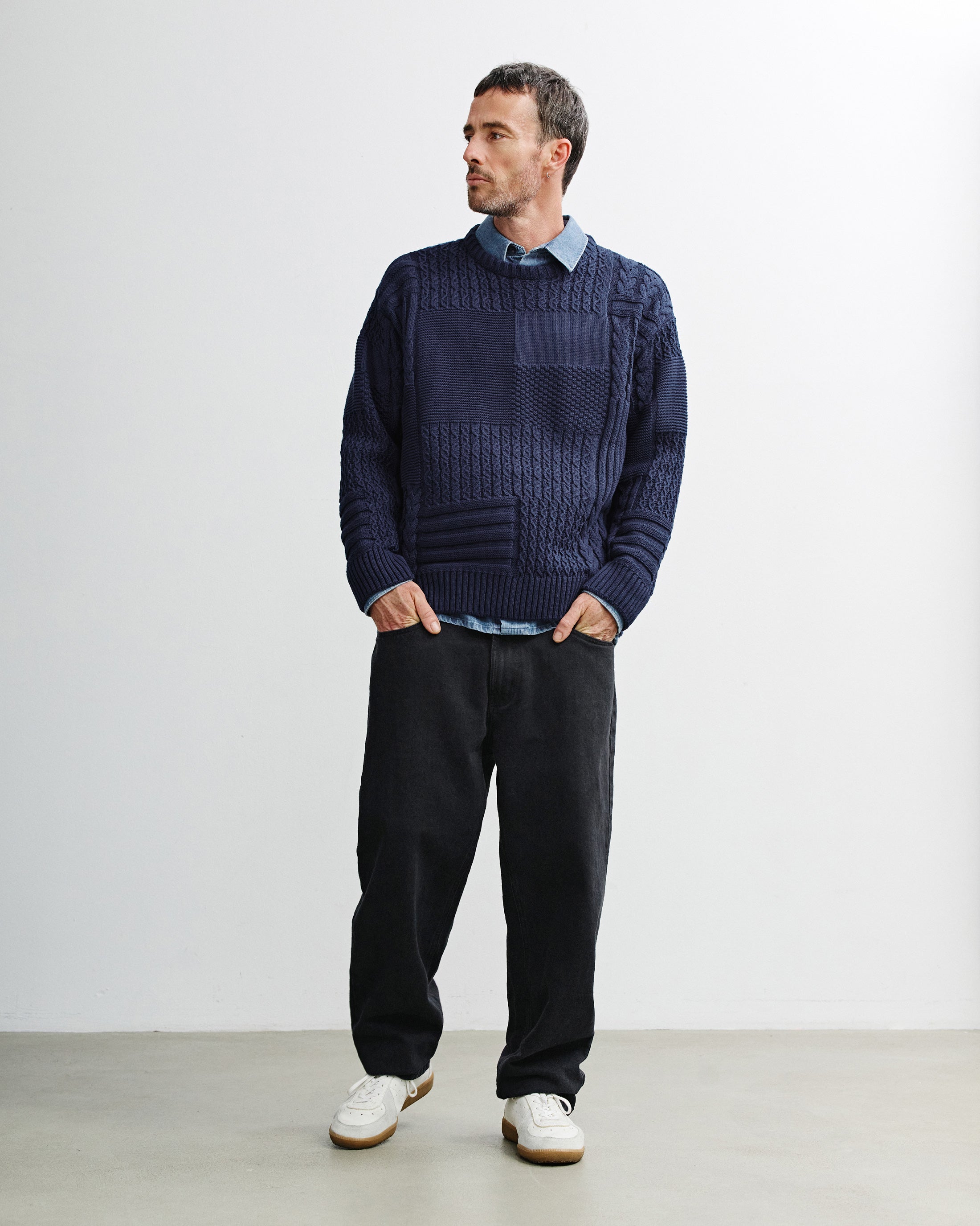 Patchwork Strick Sweatshirt Bio Baumwolle - Dunkelblau